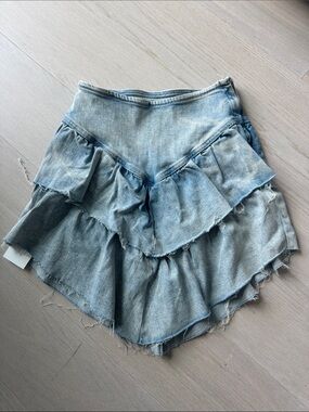 Mother Light Wash Denim Ruffle Mini Skirt